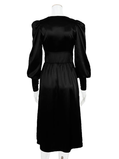 Urban Buttoned Split-Front High Waisted Puff Sleeve A-Line Midi Dress