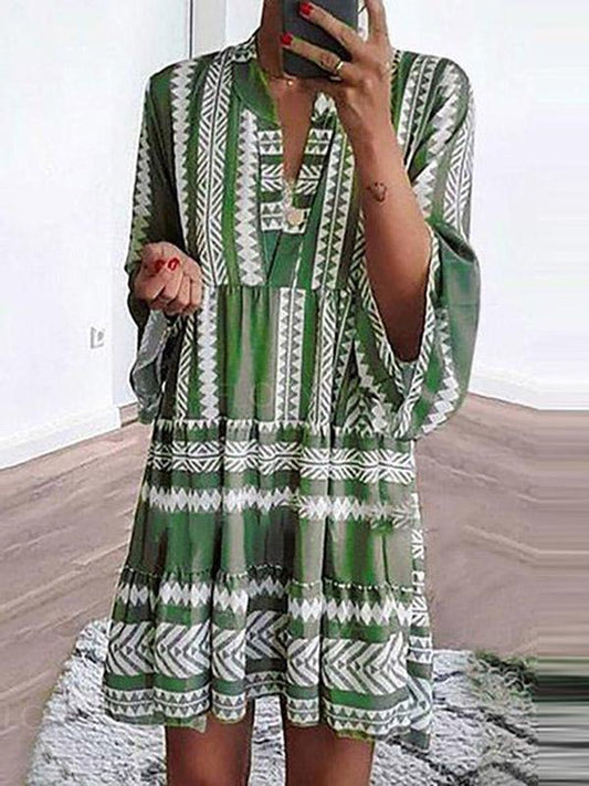 Long Sleeves Green V-neck Mini Dresses