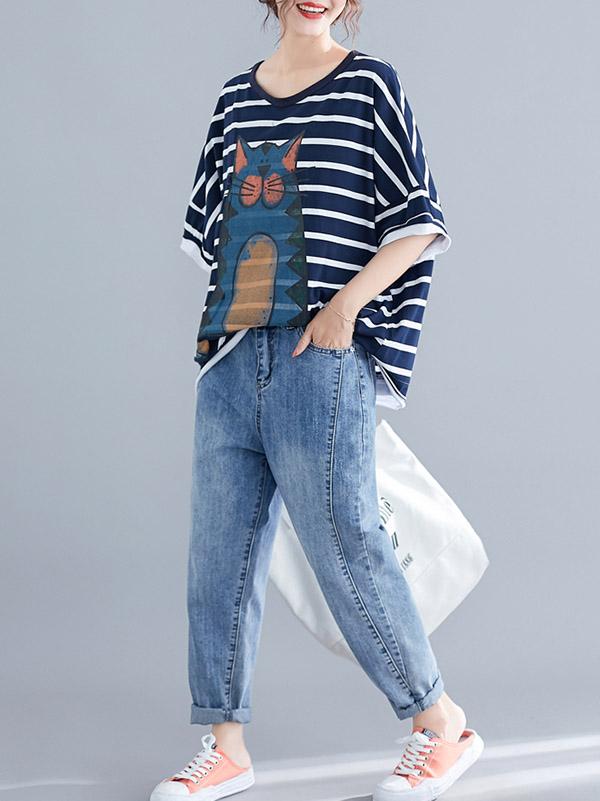 New Loose Oversize Printed Striped T-Shirt