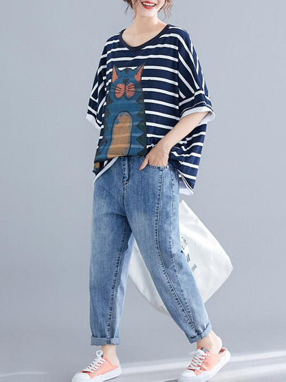 New Loose Oversize Printed Striped T-Shirt