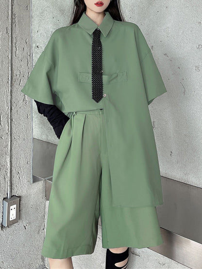 Cool Chic Loose Split-Joint Solid Color With Tie Lapel Collar Half Sleeves Blouse&Pleated Wide Legs Shorts 2 Pieces Set