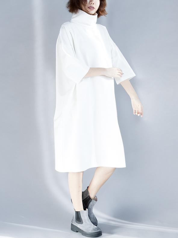 Solid Loose High-neck Half Sleeves Dress