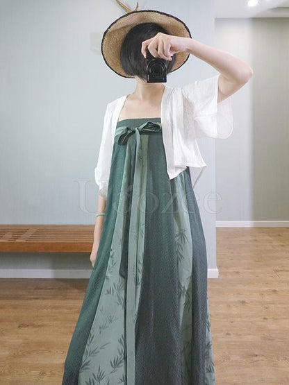 Green Striped Bamboo Jacquard Long Dress