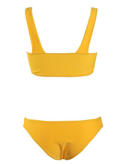 Ruched Plain Yellow Bikini Swimsuit