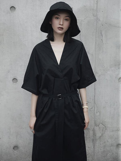 Solid V-neck Short Sleeves Dress