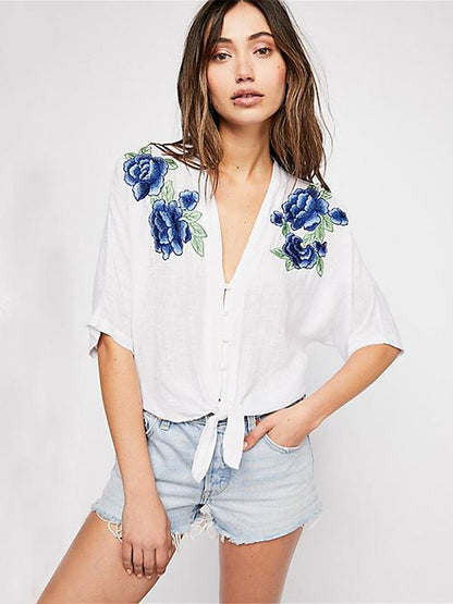 Blue Applique Single Breasted Blouses&Shirts Tops