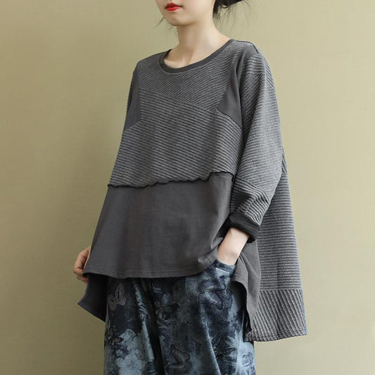 Buykud Striped Spliced O-Neck Long Sleeve Blouse