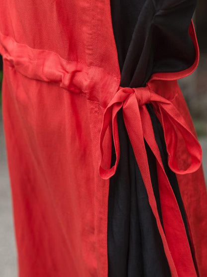 Color Blocking Tencel Linen Round-neck Long Dress