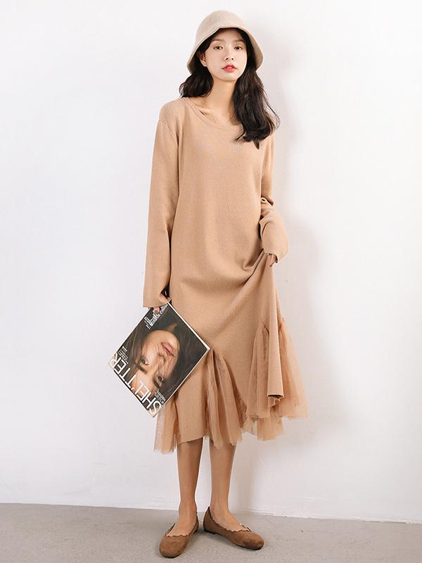 Pure Color Split-joint Knitting Long Dress