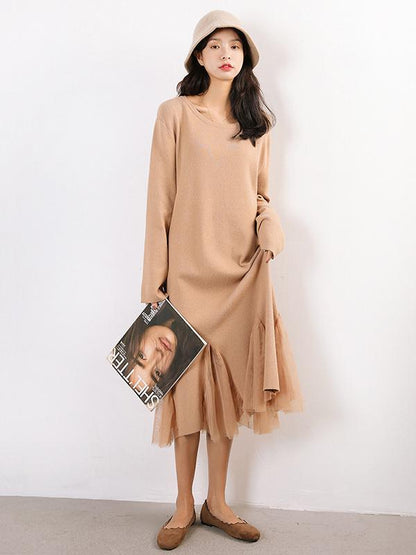 Pure Color Split-joint Knitting Long Dress