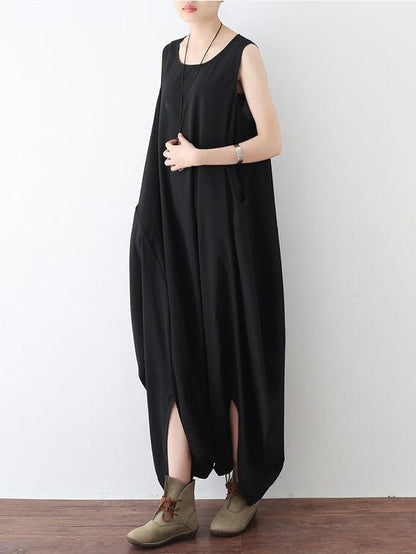 Black Round-neck Split-front Sleeveless Jumpsuits