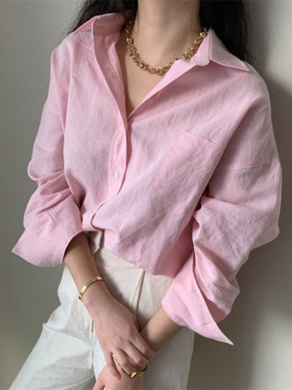 Urban Ramie Cotton Solid Color Lapel Long Sleeves Blouse