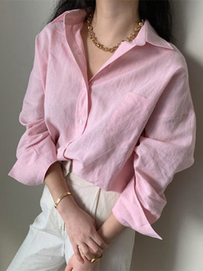 Urban Ramie Cotton Solid Color Lapel Long Sleeves Blouse