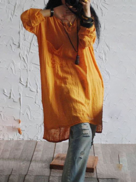 Vintage Solid Color High-Low Round-Neck Loose T-Shirt Tops