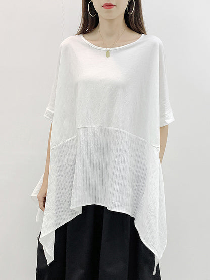 Stylish Cropped Split-Joint Striped Batwing Sleeves Split-Side T-Shirt