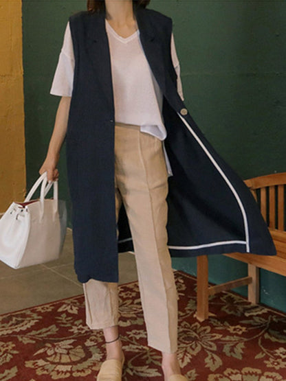 Simple Solid Color Split-Joint With Pocket Linen Notched Collar Vest Outwear