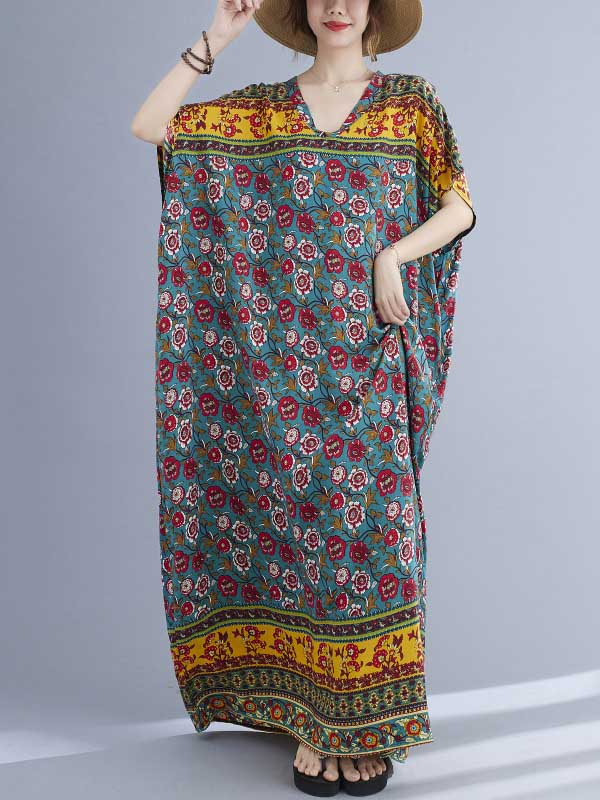 Vacation Flower Print V-Neck Batwing Sleeve Maxi Dress