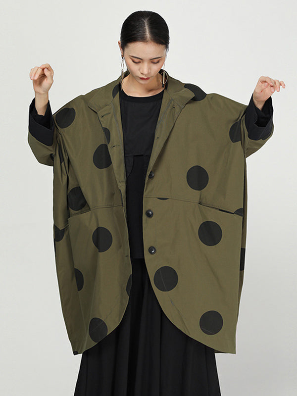 Vintage Polka-Dot Lapel Buttoned Loose Batwing Sleeve Outerwear
