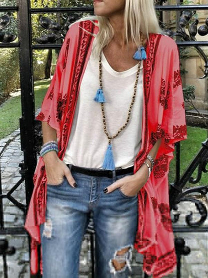 Casual 5 Colors Printed Batwing Sleeves Cover-up