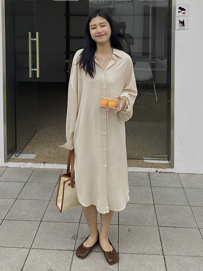 Simple Solid Color Buttoned Lapel Long Sleeves Shirt Dress