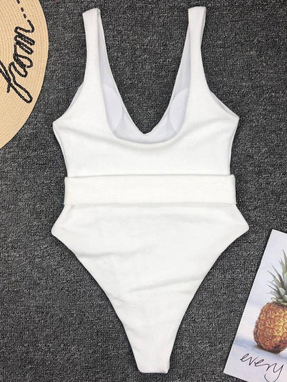 Plain Belted One-piece Swimsuit