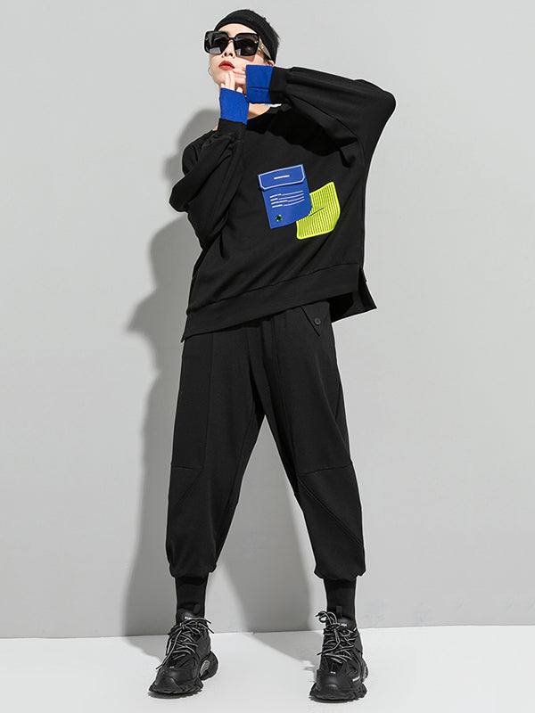 Casual Cool Contrast Color Split-Joint Letter Printed Round-Neck Long Sleeves Sweatshirts