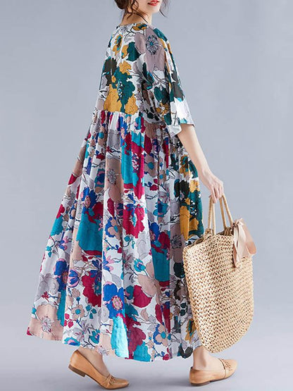 Plus Size Flower Print Round-neck Ramie Long Dress