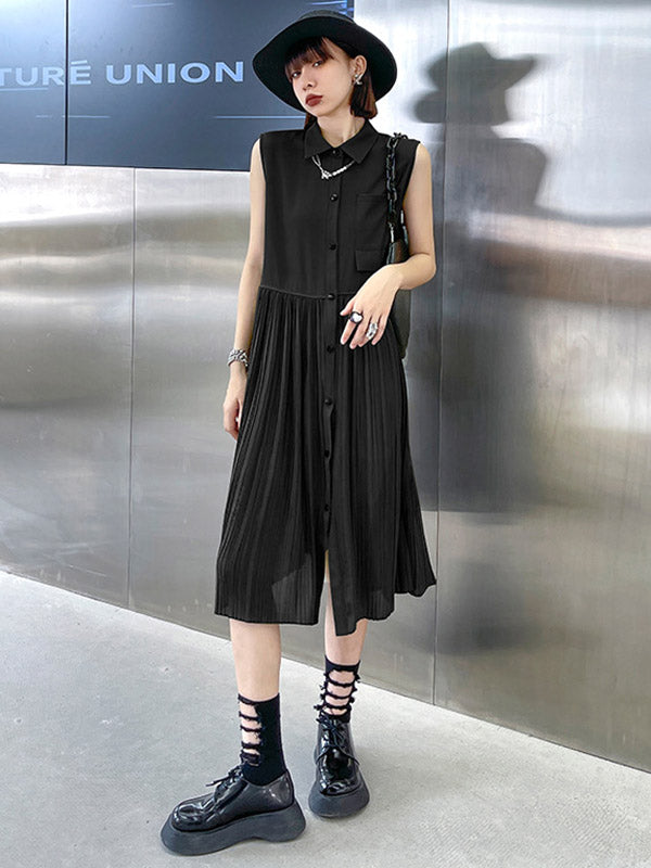Fashion Split-Joint Pleated Sleeveless Lapel H-Line Midi Dress