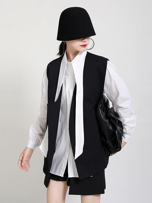 Stylish Urban Contrast Color Buttoned Lapel Collar Long Sleeves Blouse+Sleeveless Vest Outwear