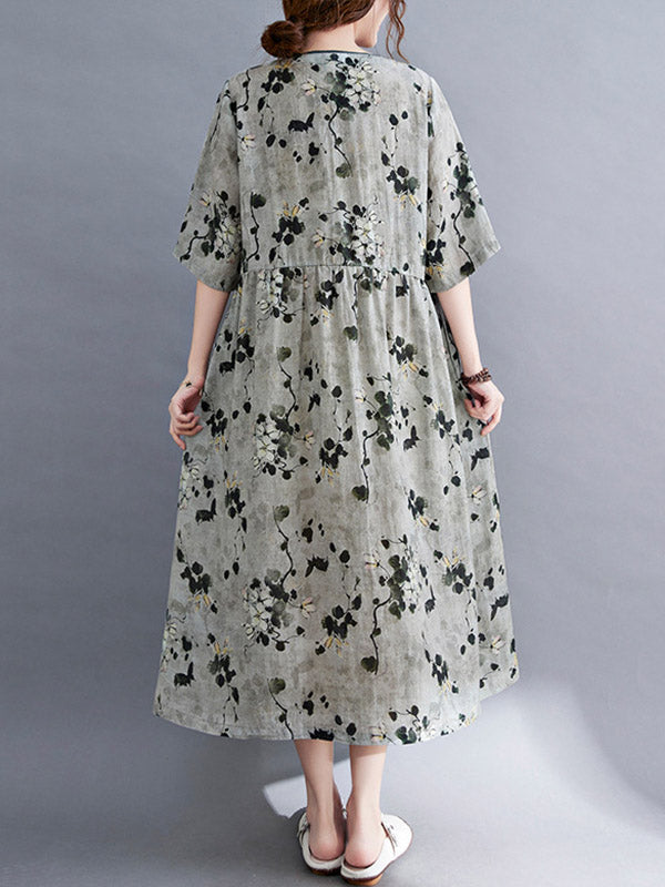 Artistic Retro Loose Tied Floral Printed Pleated V-Neck Short Sleeves Midi Dress