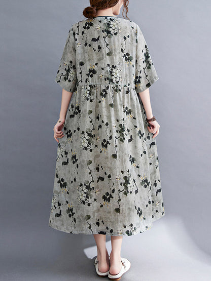 Artistic Retro Loose Tied Floral Printed Pleated V-Neck Short Sleeves Midi Dress