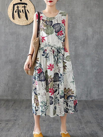 National Flower Printed Sleeveless Long Dress