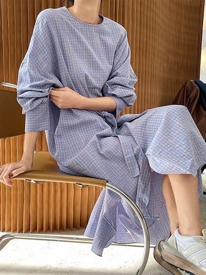 Urban Asymmetric Plaid Round-Neck Batwing Sleeve Shirt Dress