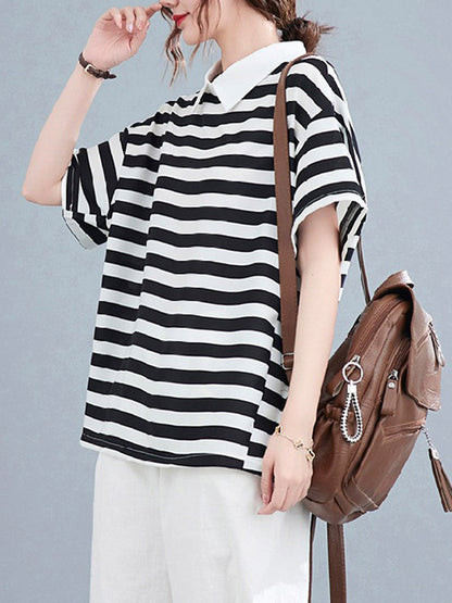 Urban Stripe Half Sleeve Lapel T-Shirt Top