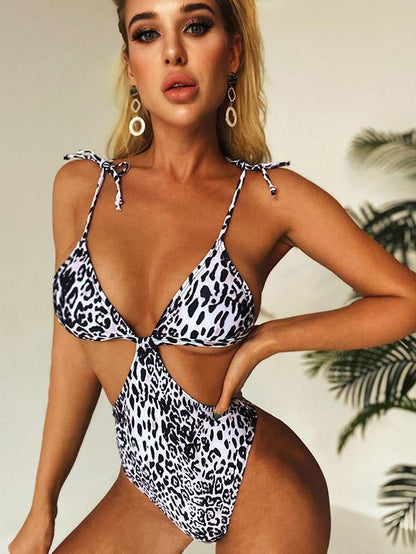 Solid Color Hollow Bandage Bikini Swimsuit