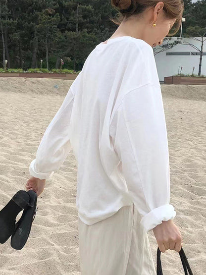 Long Sleeves Loose Solid Color Round-Neck T-Shirts Tops