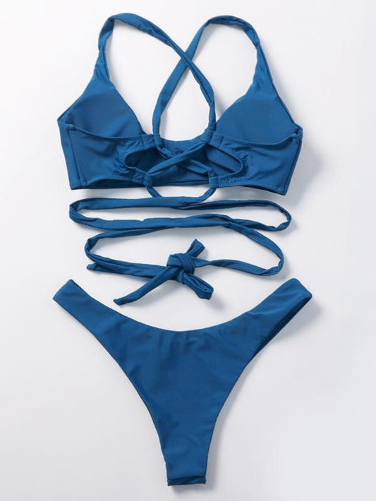 Dull Solid Blue Bikinis Swimwear