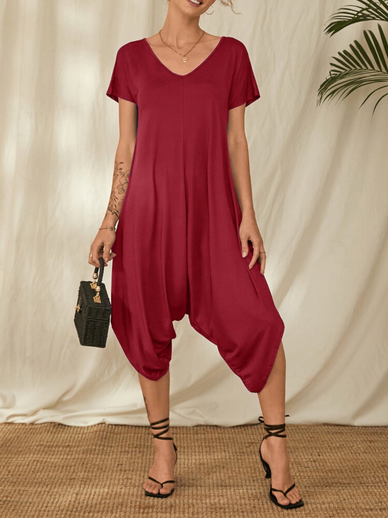 Causal Loose 3 Colors V-Neck Short Sleeves Wide Leg Rompers