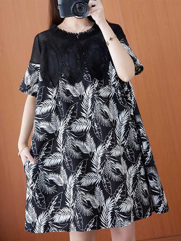 Stylish Linen Printed Split-Joint Round-Neck Lace Short Sleeves Mini Dress