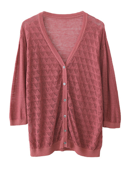 Loose Solid Color Linen Hollow Knitting Cardigan Top