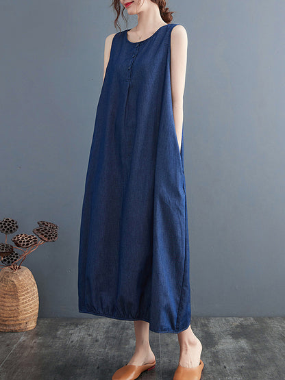 Simple Casual Denim Solid Color Midi Dress