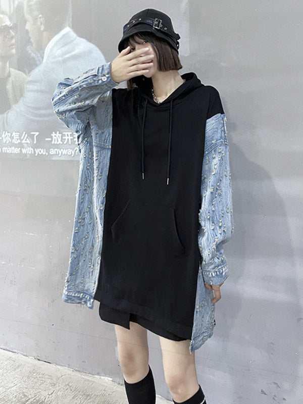 Original Stylish Loose Denim Split-Joint Hooded Long Sleeves Hoodies
