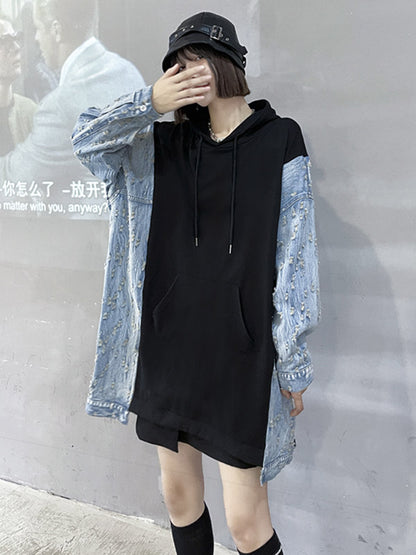 Original Stylish Loose Denim Split-Joint Hooded Long Sleeves Hoodies