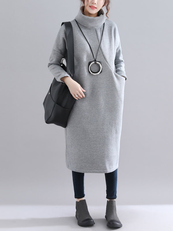 Simple Solid Color With Pocket High-Neck Long Sleeves Sweatshirt Dress