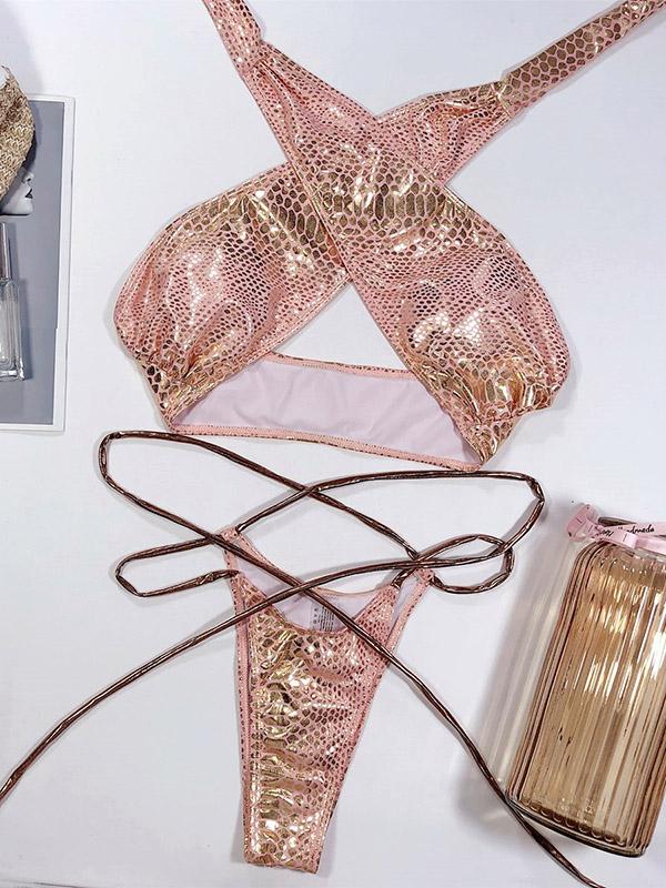 Snake-Print Bandage Split Bikini Swimsuit