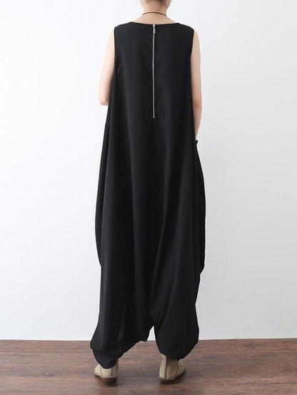 Black Round-neck Split-front Sleeveless Jumpsuits