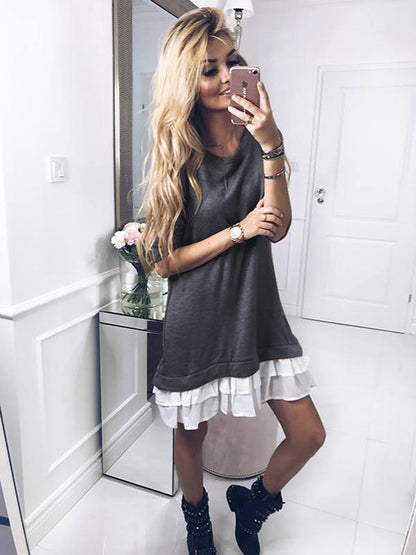 Round-neck Lace Hemline Mini Dress