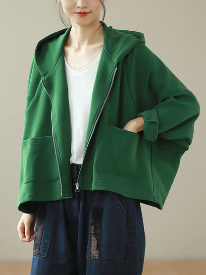 Casual Loose Solid Color Hooded Split-Joint Zipper Outerwear