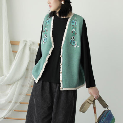 Buykud Wavy Edge Embroidery Cardigan Retro Waistcoat