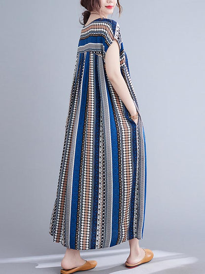Casual Split-Joint Striped Round-Neck Short Sleeves Loose Midi Dress